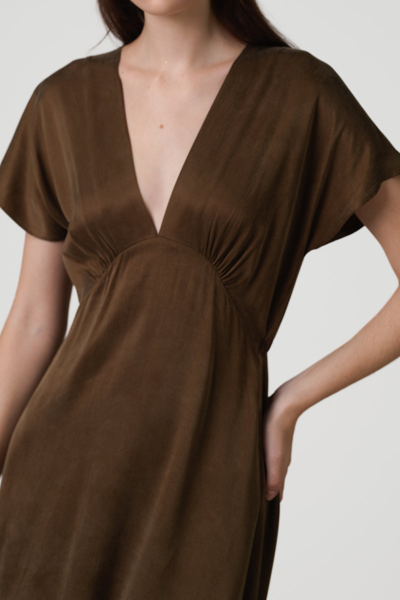 JAKI Cressida V Neck Cupro Dress in Chestnut Brown size XL | Viscose JAKI Cressida V Neck Cupro Dress in Chestnut Brown size XL | Viscose