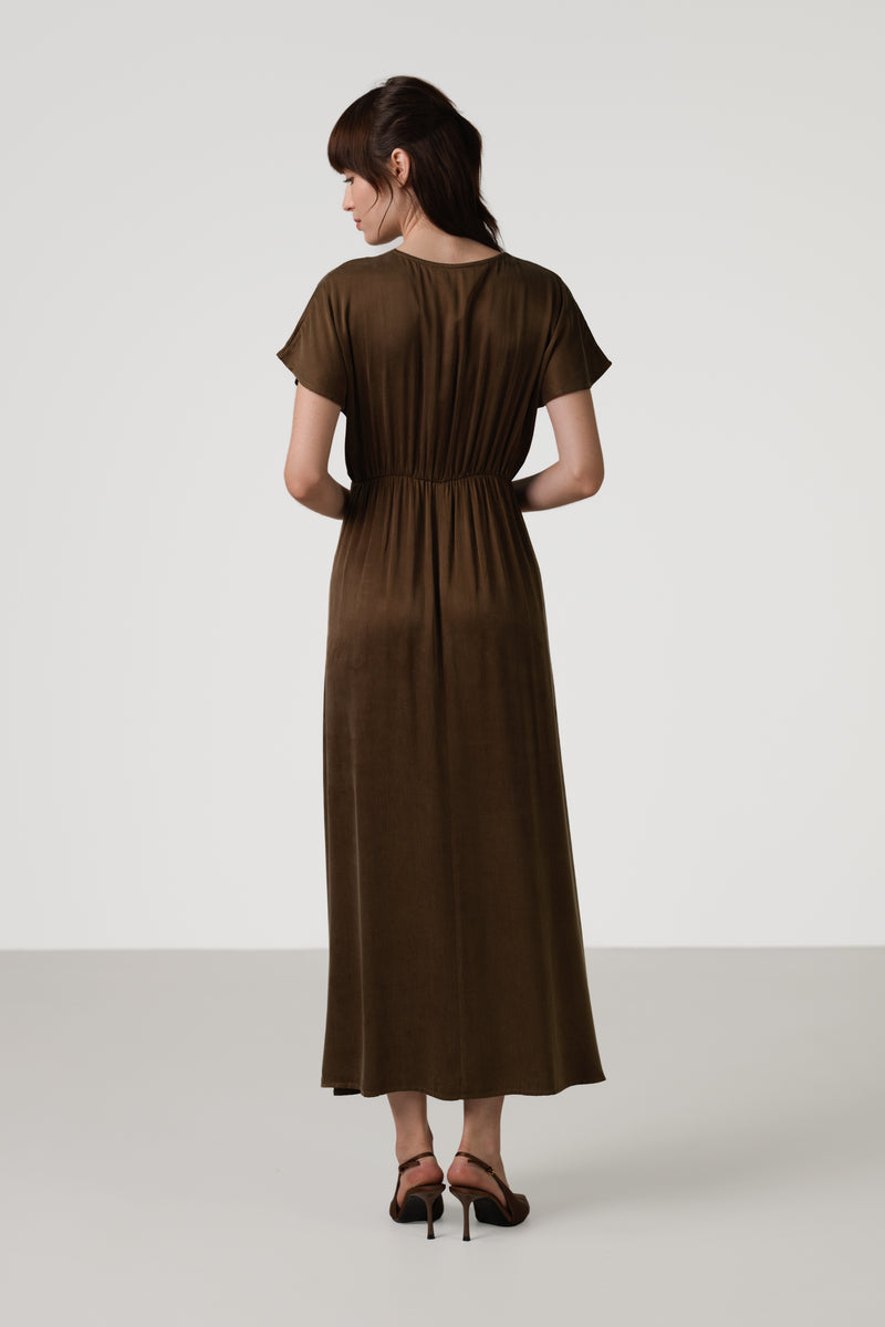 Cressida V Neck Cupro Dress | Chestnut Brown JAKI Cressida V Neck Cupro Dress | Chestnut Brown JAKI