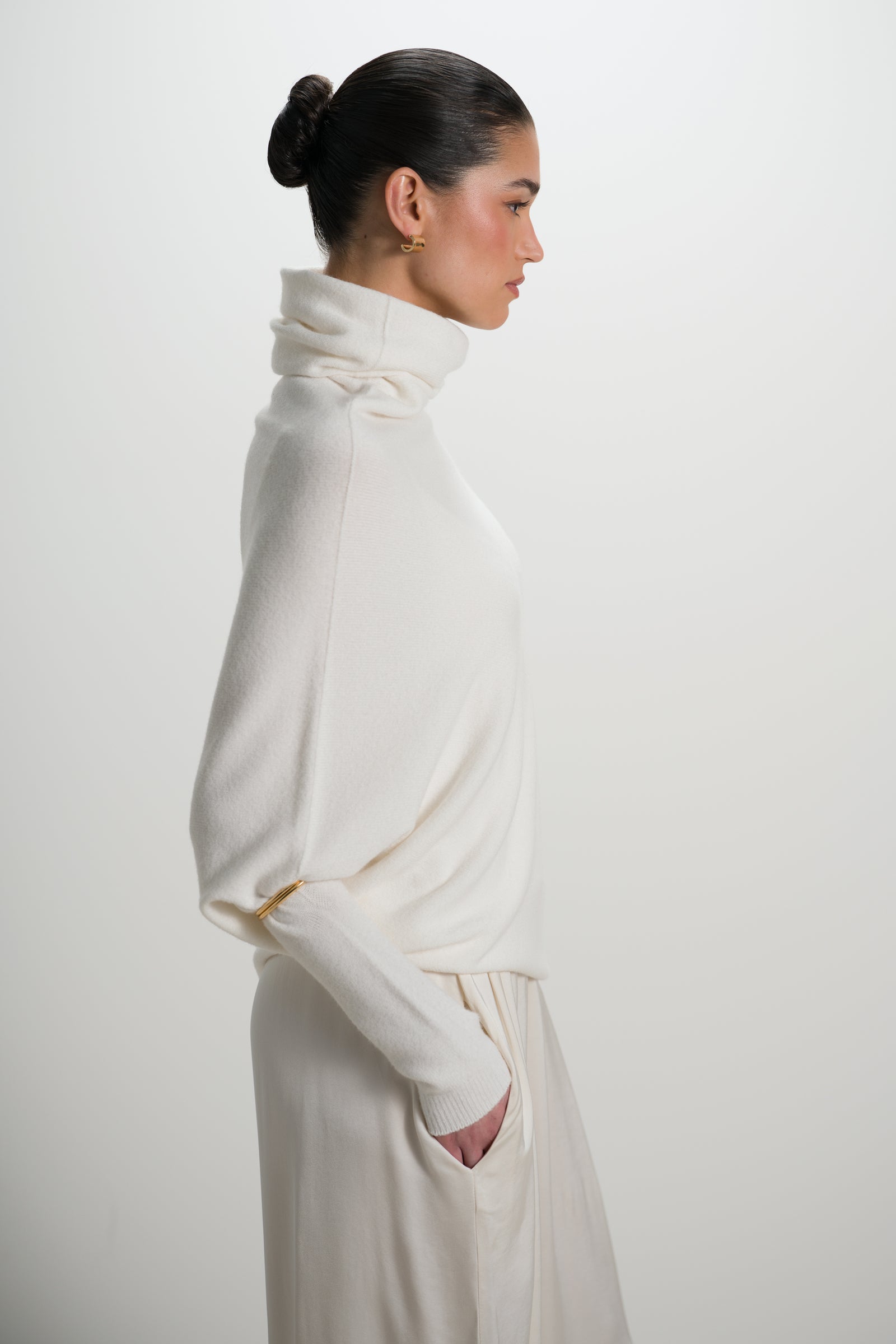 Asymmetric Draped Roll Neck | Ivory | Seamless Knit – JAKI