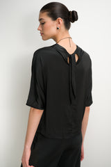 Genevieve Back Tie Satin Top | Black