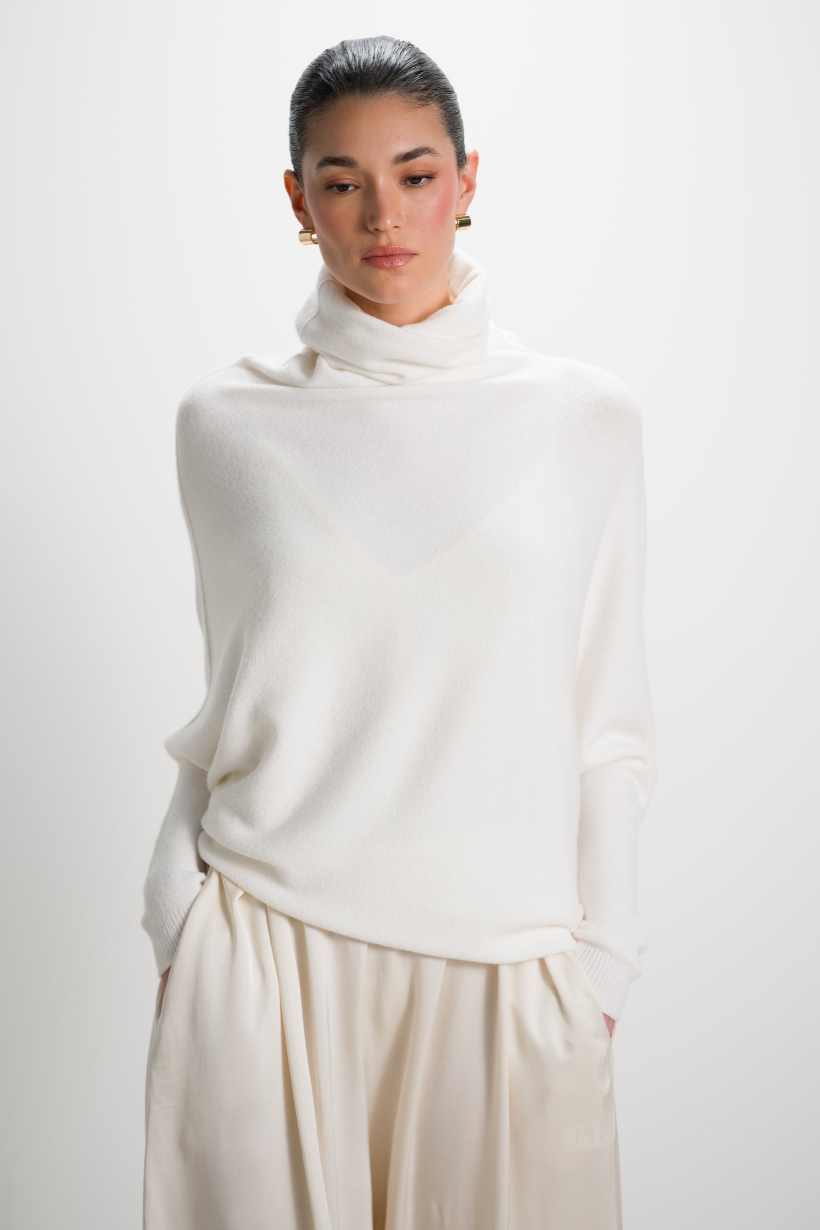 Asymmetric Draped Roll Neck | Ivory | Seamless Knit – JAKI