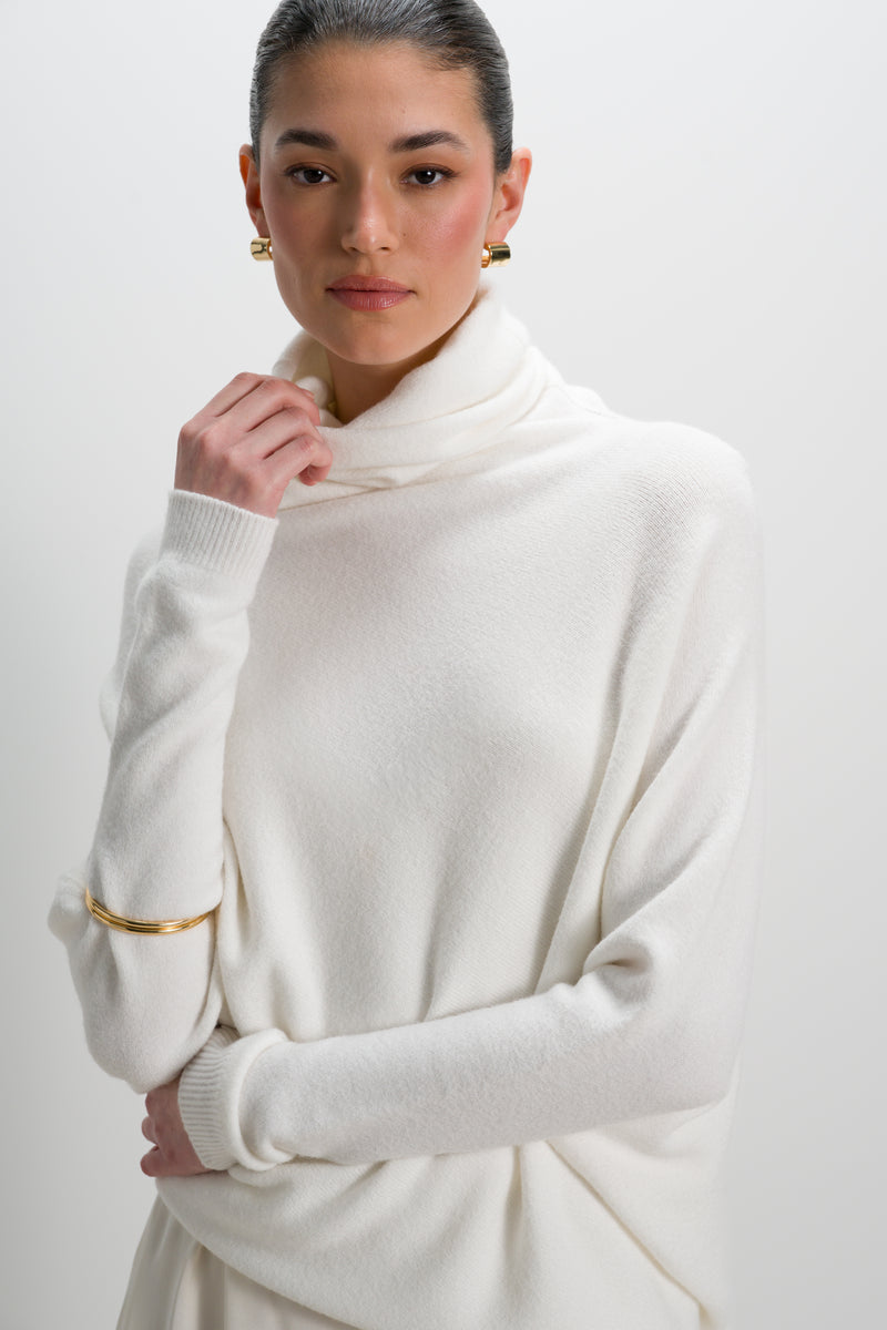 Asymmetric Draped Roll Neck | Ivory | Seamless Knit