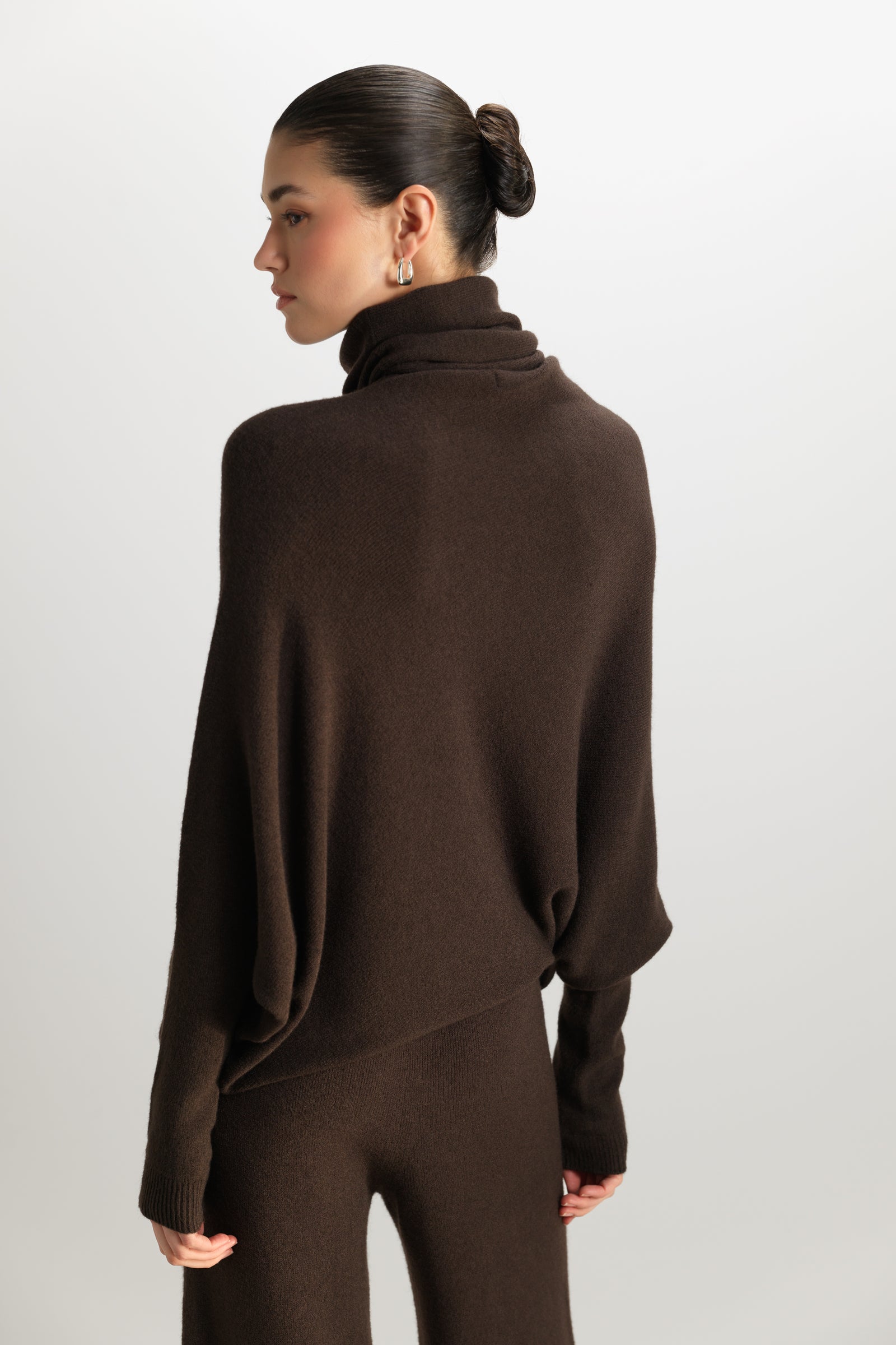 Asymmetric Draped Roll Neck | Espresso Brown | Seamless Knit – JAKI