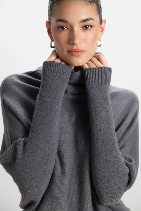 Asymmetric Draped Roll Neck | Charcoal | Seamless Knit