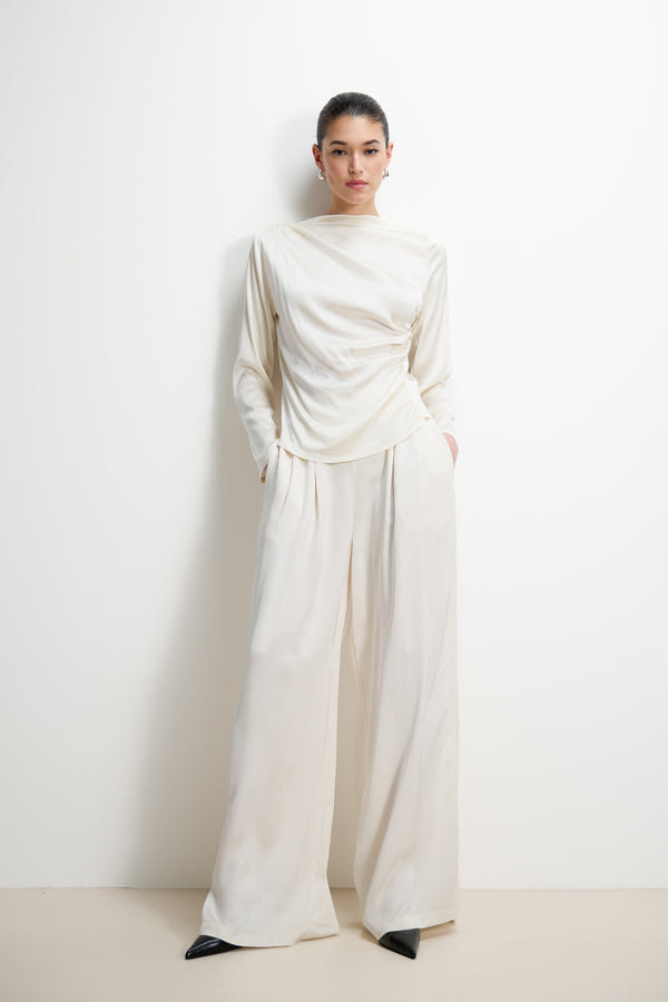 Lyanne Bow Neck Tie Satin Blouse | Ivory