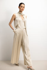 Arden Pleated Elastic Waist Satin Trousers | Honey