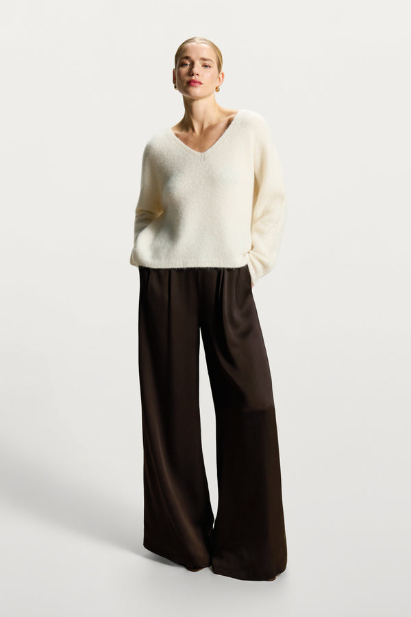 Arden Pleated Elastic Waist Satin Trousers | Ivory