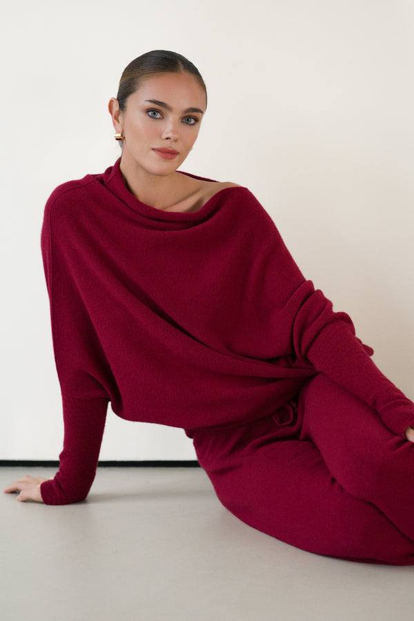 Asymmetric Draped | Carmine Red | Seamless Knit