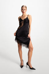 Isobel Asymmetric Lace Satin Dress | Black
