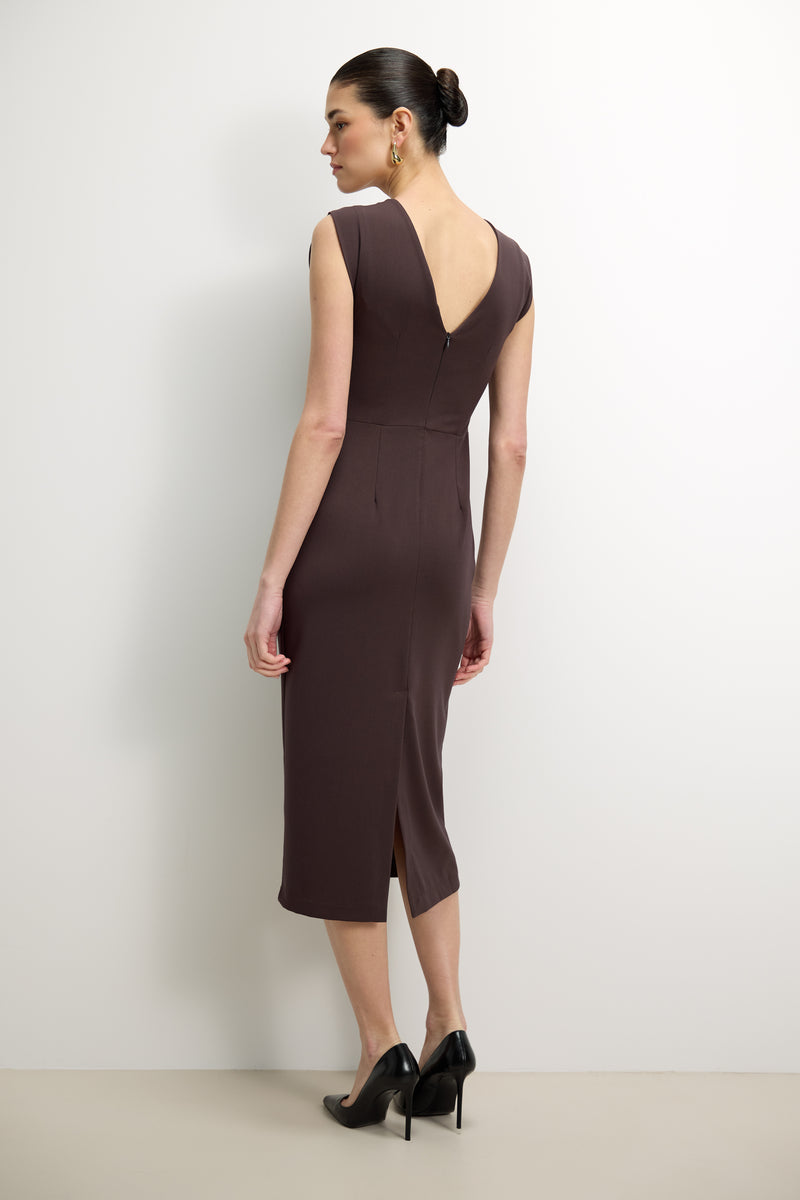 espresso brown cocktail dress Espresso Night Brown Midi Dress | Elegant Evening Style