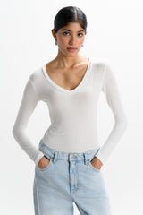 Sylvie V Neck Featherweight Top | White | Modal-Silk