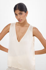 Gigi V Neck Sheer Back Satin Top | Ivory