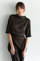 Genevieve Back Tie Satin Top | Espresso Brown