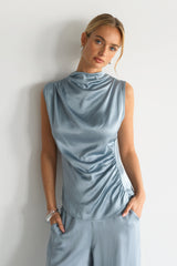 Allegra Draped Satin Sleeveless Top | Dusty Blue