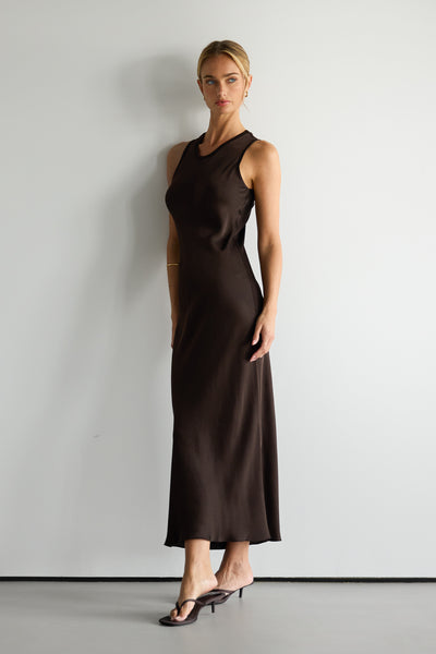 Sabrina Sleeveless Satin Dress | Espresso Brown JAKI Sabrina Sleeveless Satin Dress | Espresso Brown JAKI