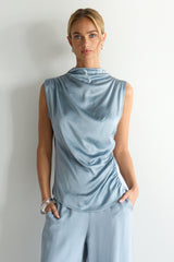 Allegra Draped Satin Sleeveless Top | Dusty Blue