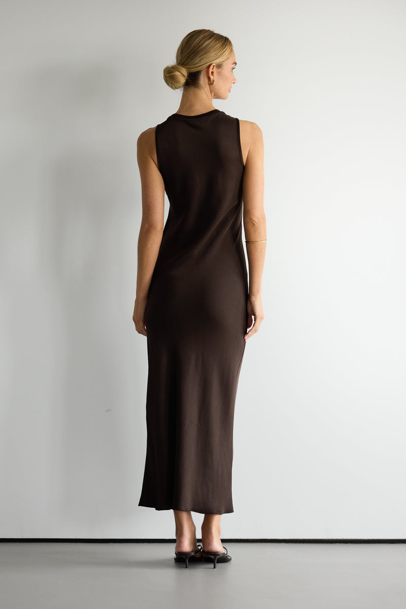 Sabrina Sleeveless Satin Dress | Espresso Brown JAKI Sabrina Sleeveless Satin Dress | Espresso Brown JAKI