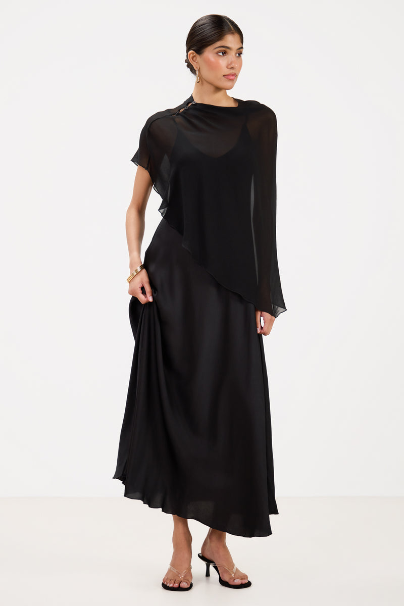 satin poncho dress Xscape Plus Size Crewneck Satin Overlay Ball Gown - Olive