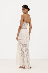 Back view of cream lace maxi skirt with inner lining, paired with a matching lace bra top
