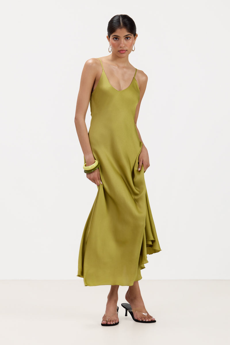 long green satin slip dress Anne tag::finalsale