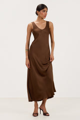 Front view of brown satin maxi slip dress