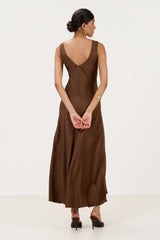 Back view of brown satin maxi slip dress