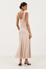 Back view of sand beige satin slip dress