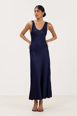 Front view of navy satin maxi slip dress