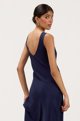 Back detail view of navy satin maxi slip dress