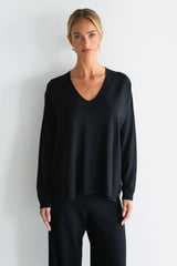 Kaia V Neck Sweater | Black | Fine Knit