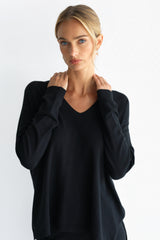 Kaia V Neck Sweater | Black | Fine Knit