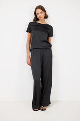 Daisy Elastic Waist Satin Pants | Black