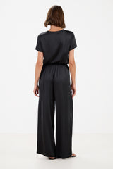 Daisy Elastic Waist Satin Pants | Black
