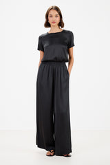 Daisy Elastic Waist Satin Pants | Black