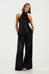 Roxane Halterneck Satin Tie Back Top | Black