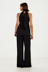 Roxane Halterneck Satin Tie Back Top | Black