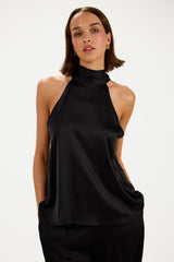 Roxane Halterneck Satin Tie Back Top | Black