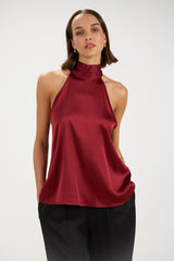 Roxane Halterneck Satin Tie Back Top | Carmine