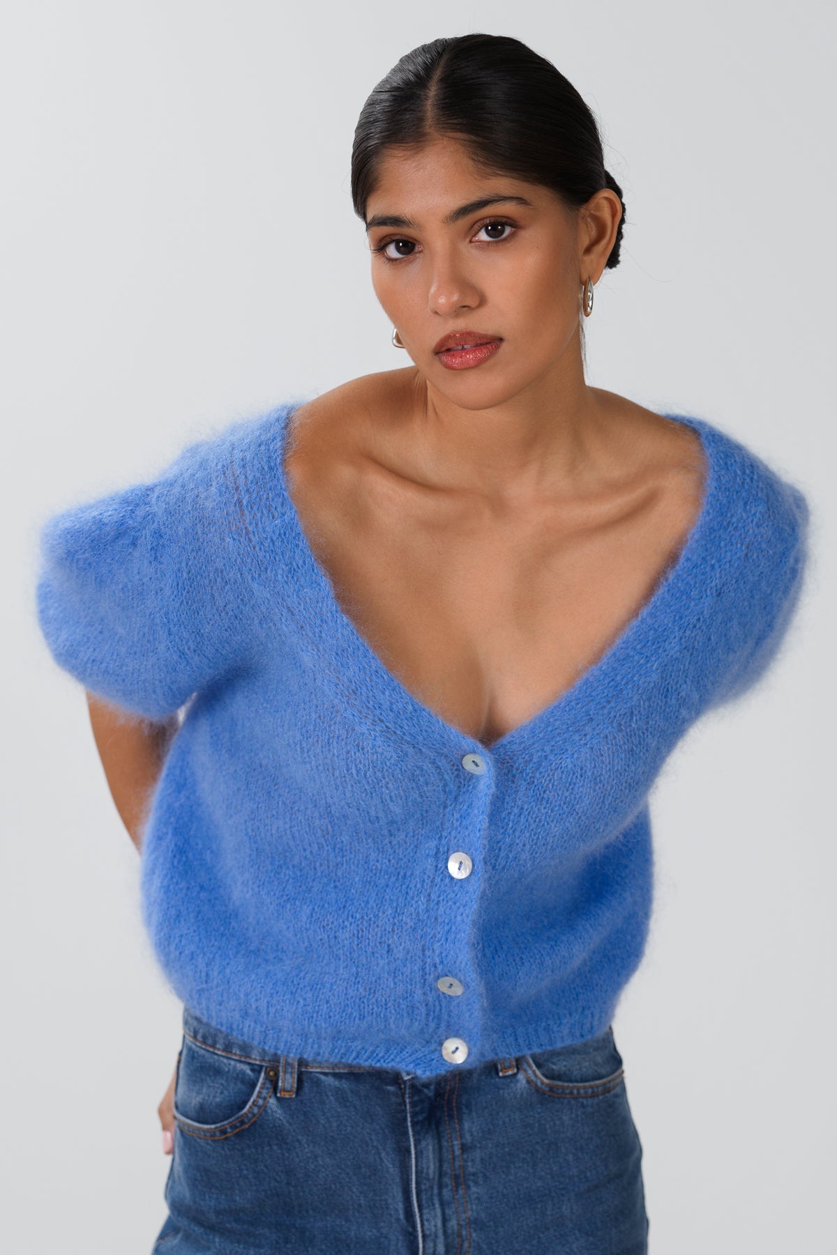 Camille Two-Way Cardigan | Cornflower Blue | Brushed Mohair Blend
