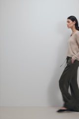 Aiko Elastic Waist Satin Trousers | Khaki