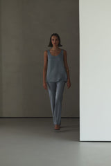 Genet Elastic Waist Bias Satin Trousers | Dusty Blue