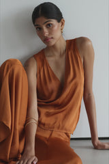 Gigi V Neck Sheer Back Satin Top | Sunset Orange