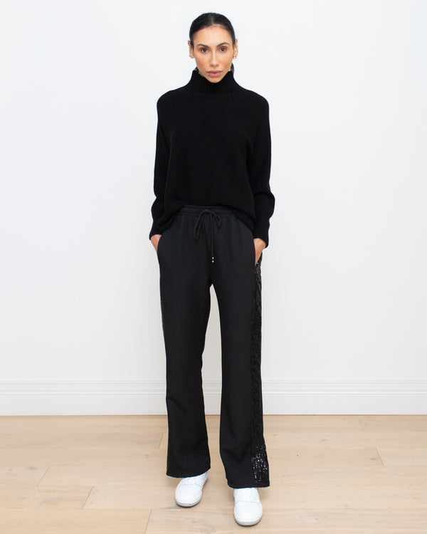 Side Sequin Striped Trousers in Black