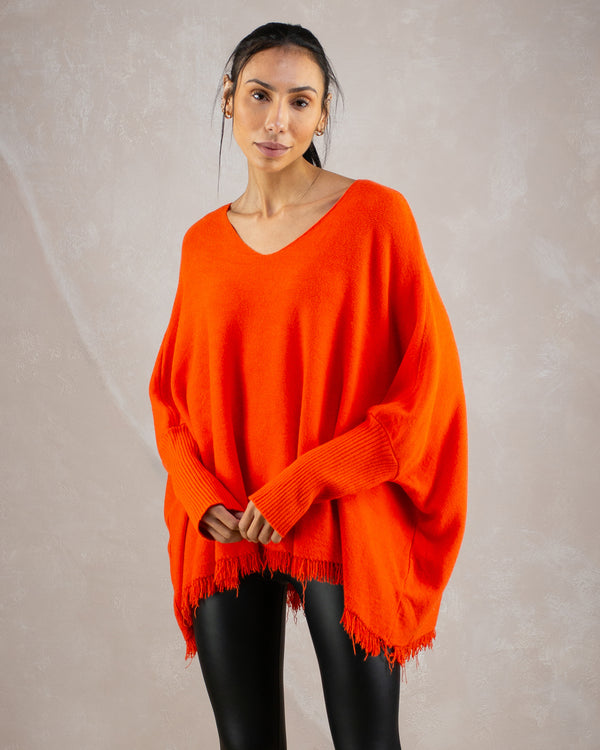 V Neck Fringe Hem Batwing Sweater | Orange