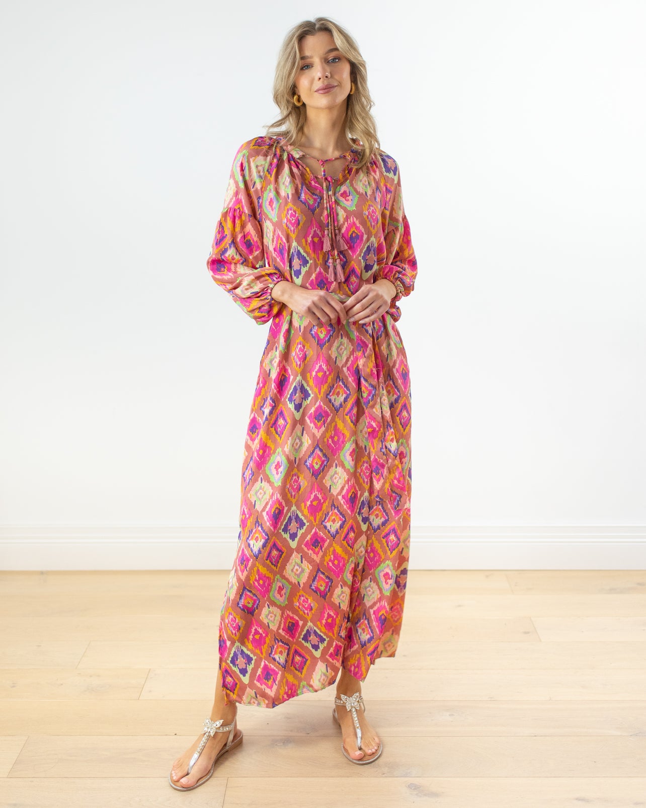 SALE | Boho Tie Neck Maxi Dress | Fuchsia – JAKI