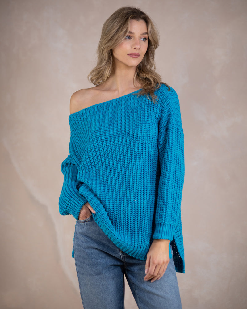 Ribbed High Low Knit | Blue