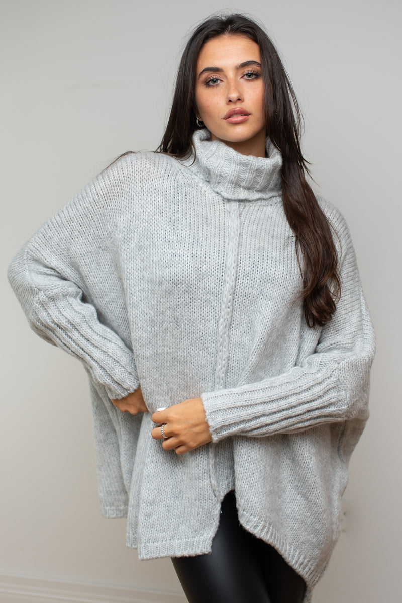 Slouchy Centre Trim Rollneck Sweater in Light Grey