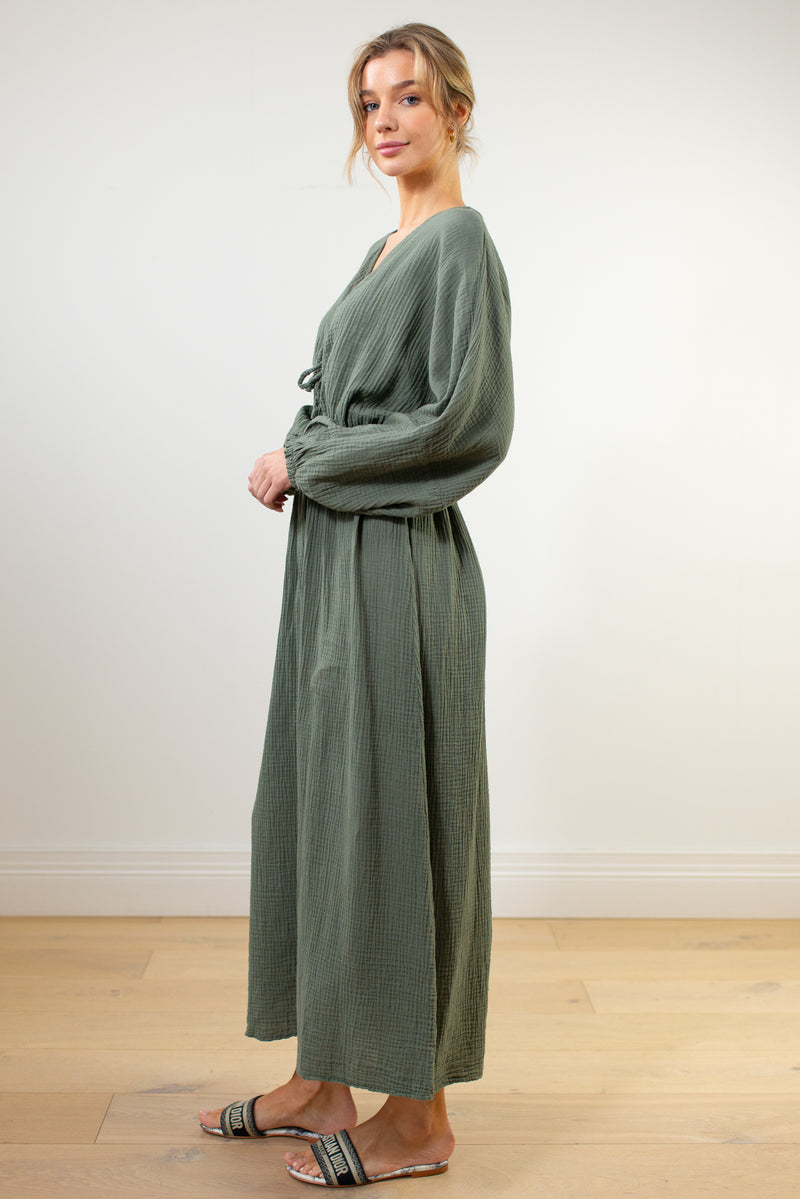 Cotton V Neck Maxi Dress | Khaki