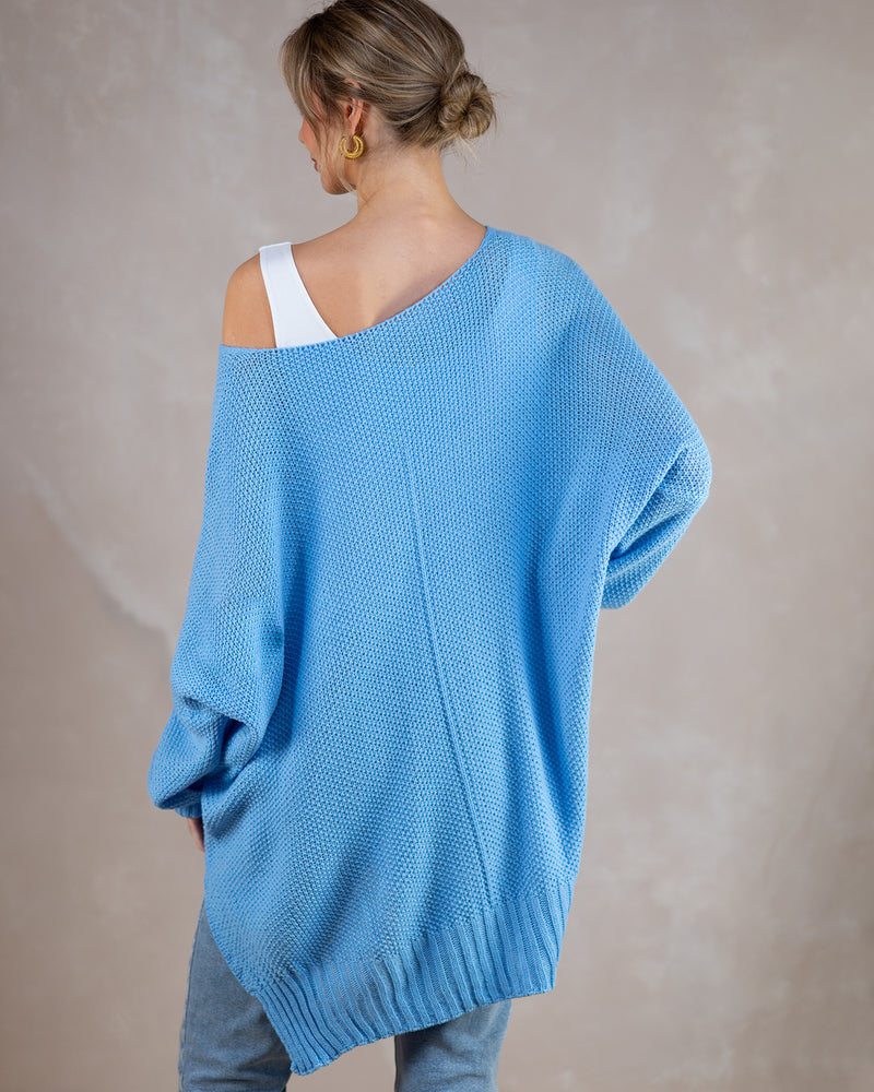 V Neck Slouchy Crochet Knit | Light Blue