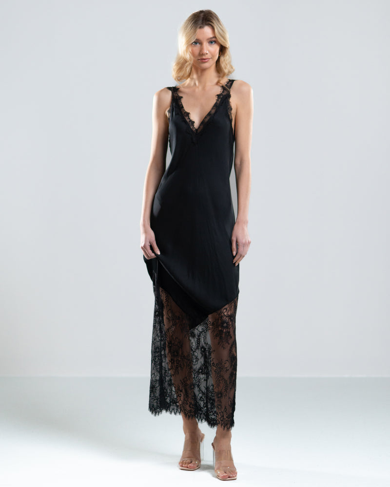 SALE | Satin Lace Maxi Slip Dress | Black